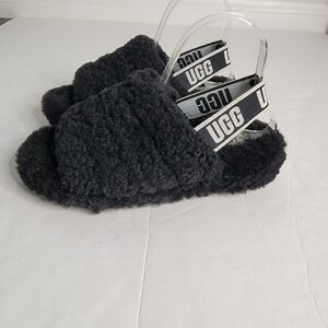 Ugg Sz 8 Fluff Yeah Slides Black Sheepskin